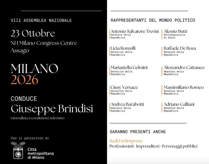 Programma e ospiti dell'VIII Assemblea Nazionale FenImprese a Milano, 23 ottobre 2026